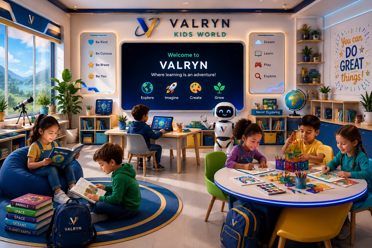 Children learning, reading and creating inside the VALRYN Kids classroom